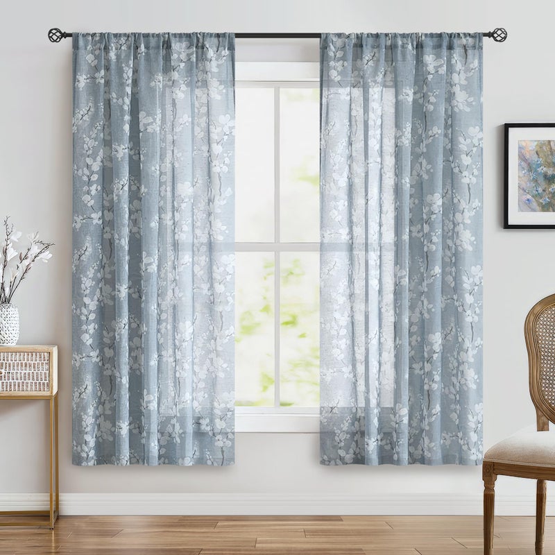 FMFUNCTEX Linen Sheer Curtains for Bedroom, Blue White Blossom Print Curtains 63 Inch Length for Living Room, Floral Patterned Farmhouse Curtain Light Filtering Window Drapes 2 Panels, Rod Pocket - Image 2